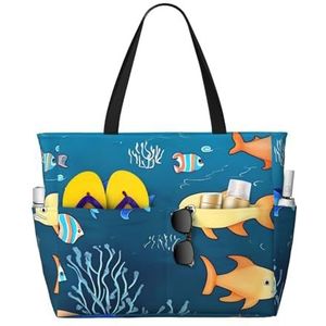 DJHVJS Bruin houten patroon gedrukt Grote Strandtas Mode Zip Handtas Dames Tote Bag, Blauwe onderwaterwereld van vissen, Eén maat