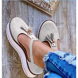 Sandalen voor Dames Platform Wedge Espadrilles Kwastje Leren Sandaal Verstelbare Enkelband Gesloten teen Wedge Sandaal Ronde Neus Mary Jane Schoenen Vintage Strandsandalen (Wit 39 EU)