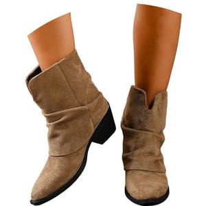 Dames Western Cowboylaarzen for Concerten Retro Enkellaarsjes Met Spitse Neus Casual Ankle Boots Met Blokhak In Grote Maten 2025 Suède Instapschoenen Met Brede Schacht(Beige,43 EU)