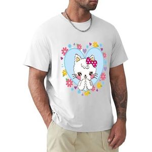 Heren T-shirt witte kat korte mouwen T-shirt ronde hals T-shirt voor mannen, Witte Cat1, 4XL