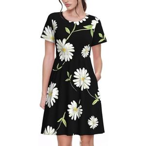 JJPUNGK Daisy Print Dagelijks Dragen Vrouwen Jurken Casual Zomer Jurk met Korte Mouwen Ronde hals Zakken, Zwart, S