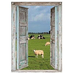 Tuindoek - doorkijk - 95x130 cm - openslaande houten deuren - Hollands landschap koeien en schapen - tuinposter voor buiten