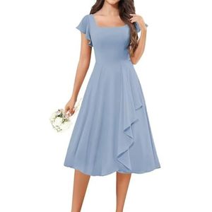 KURFACE Korte bruidsmeisjesjurken met fladdermouwen voor junioren ruches A-lijn knielengte cocktailjurk formele jurk, Dusty Blauw, 32