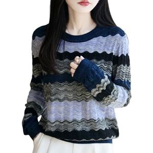 Dames Elegante Gestreepte Gebreide Trui Herfst Winter Korte Pullover Stretch Warme Wollen Trui Lange Mouw Ronde Hals Pullover(XL)