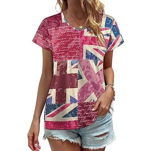 Vintage Londen Britse Vlag Womens V-hals T-shirts Leuke Grafische Korte Mouw Casual Tee Tops 4XL
