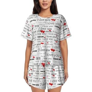 I Love You Words With Hearts Print Dames Zomer Pyjama Sets Nachtkleding Dames Korte Mouw Nachtkleding Pjs Lounge Met Zakken, Zwart, L