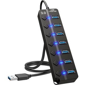 7-Poorts USB Hub 3.0 - Multi-Poort Hub Met Afzonderlijke Schakelaars en Verlichting - High-Speed Verlenger Voor Flashdrives, Printer, PC - Draagbare Adapterstekker