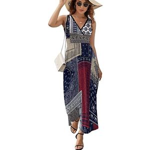Marineblauwe patchwork geruite maxi-jurk voor dames mouwloze lange zomerjurken strandjurken A-lijn M