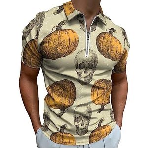 Skull met pompoenen poloshirt voor heren, casual T-shirts met ritssluiting en kraag, golftops, slim fit