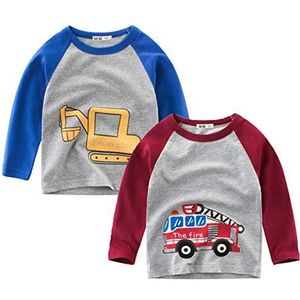 Jongens 2-Pack Lange Mouw T-Shirts Peuter Dinosaurus Tee Shirts 100% Katoen Tops Graafmachine Shirts voor 2 3 4 5 6 7 Jaar, Blauw+rood, 5 jaar