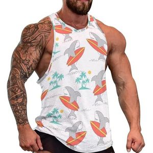 Surf Shark Print Heren Tank Top Grafische Mouwloze Bodybuilding Tees Casual Strand T-Shirt Grappige Gym Spier