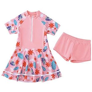 FedMois Kinderen Meisjes Zwempak 2-delig Badmode Set, Badpak met rok + Zwemshorts, Bloemen, 3-4 jaar
