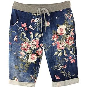 K-Milano Dames bermuda shorts katoen korte broek effen kleur en bedrukt elastische tailleband zomerbroek Made in Italy, Jeansblauw bloem, 36/40