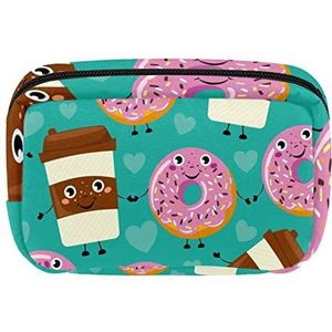 Grappige Cartoon Smiley Donuts Koffiekop Reizen Gepersonaliseerde Make-up Tas Cosmetische Tas Toilettas voor vrouwen en meisjes, Meerkleurig, 17.5x7x10.5cm/6.9x4.1x2.8in