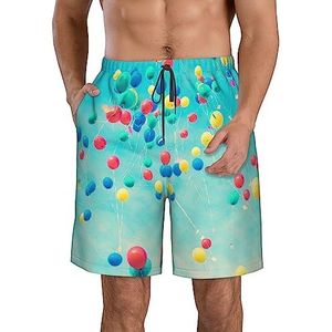 Kleurrijke ballonnen blauwe hemelprint strandshorts voor heren - lichtgewicht, sneldrogende zwembroek met trekkoord en zakken, Wit, L