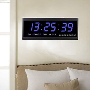 SanBouSi LED digitale wandklok geavanceerde klok wandklok met digitale kalender en temperatuurweergave groot voor woonkamer kantoor (blauw)