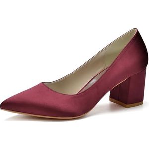 HFWXYSA Dames Chunky Blok Hak Bruids Pompen Puntige Teen Slip op Klassieke Geklede Schoenen voor Bureau Bruiloft Werkavond,Burgundy,35 EU