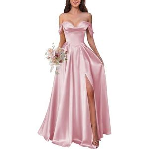 KURFACE Satijnen baljurk voor dames met split geplooide off-shoulder baljurk vloerlengte korset formele avondjurk, roze, 32