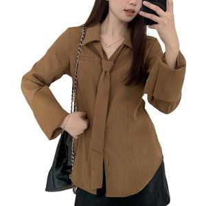 HGKPFGTG Gestreepte Overhemden Met Knoopjes Voor Dames Slim Fit Lange Mouwen Stropdasdecoratie Casual Mode Revers Zakelijke Blouses,Bruin,3XL