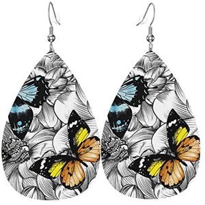 LAMAME Paarse Vlinders Bloemen Gedrukt Teardrop Dangle Earring Dames Lederen Oorbel, Eén maat, Kunstleer, Geen edelsteen