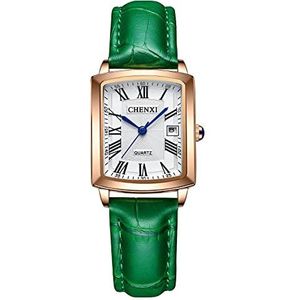 JewelryWe Vrouwen Horloges Vierkante Analoge Grote Romeinse Cijfers Quartz Kalender Horloge Business Casual Lederen Horloge, Groen