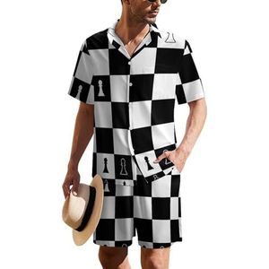 Zwart-witte lay-out van een schaakbord Hawaiiaans pak voor heren, set van 2 stuks, strandoutfit met korte mouwen en korte broeken, bijpassende set