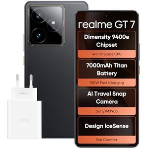 realme GT 7 Smartphone, 5G, Dual SIM, 12 GB RAM, 256 GB ROM, 6.8 Inch AMOLED-Scherm, Dimensity 9400E Headlight-Chipset, 7000 mAh Titanium Batterij, 50 MP Camera, IceSense Black