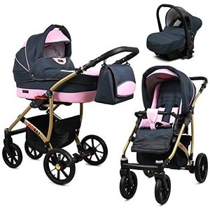 Lux4kids 022 Kinderwagenset, eenvoudige bediening, inklapbaar, lekvrij, GoLux Gold by Lux4kids Grey Light Pink 022 3-in-1 met babyzitje