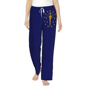 FMASWEQ Indiana staat vlag print kerst pyjama voor vrouwen, zachte fleece pyjamabroek, perfect om te loungen, Zwart, S
