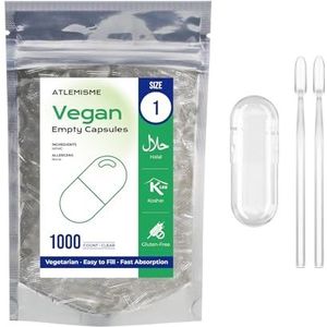 ATLEMISME Lege plantaardige capsules Maat 1 - Pak van 1000 - Gelatinevrij, ideaal voor voedingssupplementen en poeders - Gemakkelijk vullend en snel oplossend