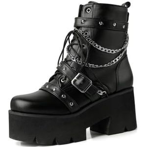 Womens Goth Patent Enkellaarsjes Platform Chunky Blokhak Vetersluiting Combat Punk Korte Booties,zwart,34 EU