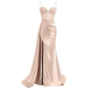 KIYNE Spaghetti Strap Satijn Galajurken met Split Kant Applique Zeemeermin Baljurk Floor Lengte Corset Formele Jurk, Blush Roze, 32