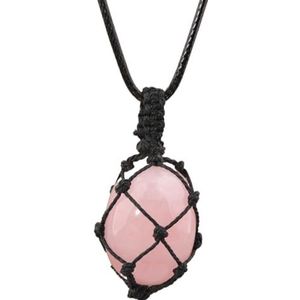 Crystal Tumbled Stone Pendant Necklace For Women Knotted Net Bag Leather Necklace Yoga Meditation Jewelry Gifts (Color : Rose Crystal)