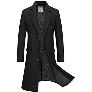 Wollen Trenchcoat for Heren Lange Overjas Met Enkele Rij Knopen Gewatteerd Gevoerd Mengsel Effen Zakelijk Normale Pasvorm (Color : Black, Size : Men-3XL)