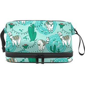 Dubbele Laag Cosmetische Tas Cactus Lama Draagbare Make-up Tas Reizen Organizer Pouch voor Vrouwen Meisjes Toiletartikelen Tassen, Meerkleurig, 27x15x14 cm/10.6x5.9x5.5 in, Make-up zakje
