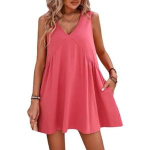 Mouwloze mini-jurk voor dames, casual, oversized, losse V-hals, bodyjurk, effen kleur, strandjurk met zakken, roze, S