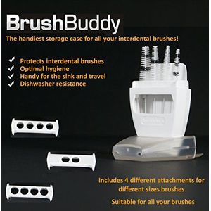 Brushbuddy wit | De opbergkoffer voor uw interdentale borstels | Handig in de badkamer en met reizen | Netjes en goed voor Hygiëne | Je verliest je borstel niet meer | Geschikt voor borstels van TePe, Lactona, Interprox en meer | Inclusief 4 verschillende opzetstukken voor verschillende maten borstels | Nu 4 interdentale borstels inbegrepen