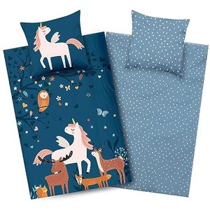 Aminata kids Beddengoed voor meisjes, eenhoorn, 135 x 200 cm, met YKK-ritssluiting, kinderbeddengoed, omkeerbare set, eenhoorn-diermotief, paard, eenhoorn, regenboog, bosdieren