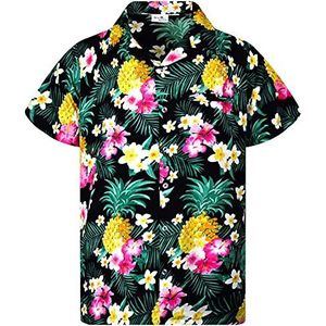 King Kameha Hawaiihemd, voor heren, korte mouwen, borstzakje, Hawaii-print met ananas- en hibiscusmotief, Pineapple Flowers Zwart, M