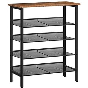 HOOBRO Schoenenrek, 5-laags schoenenkast, verstelbaar schoenenrek, schoen organisator, platte en kantelbaar, stal, voor gang, woonkamer, vintage bruin-zwart EBF106XJ01