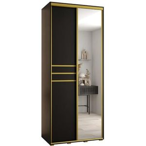 MEBLE KRYSPOL Davos 11 120 Kledingkast met twee schuifdeuren voor slaapkamer - Moderne Kledingkast met spiegel, kledingroede en planken - 235,2x120x60 cm - Zwart Zwart Goud