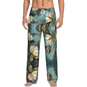 Bloemen Mannen Lange Lounge Wear Broek Nachtkleding Pyjama Bodems Nachtkleding Met Zakken En Trekkoord, Wit, S