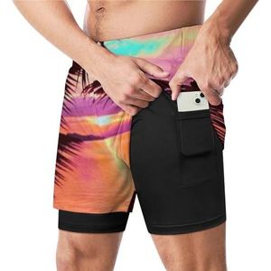 Sunset Glow En Palmbomen Grappige Zwembroek met Compressie Liner & Pocket Voor Mannen Board Zwemmen Sport Shorts