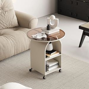 Mobiele ronde bijzettafel, 3-laags bijzettafel met glazen blad en metalen frame, smalle nachtkastje bank naast tafel op wielen met opbergplank voor woonkamer slaapkamer (40 x 40 x 50 cm, wit)