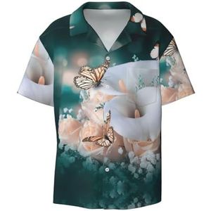 OdDdot Overhemden voor heren, met bloemen- en vlinderprint, atletisch, slim fit, korte mouwen, casual zakelijk overhemd met knopen, Zwart, 4XL