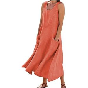 Maxi Dress for Women, Trendy Sleeveless Cotton Linen Dress, Casual Loose Flowy Ruched Sundress with Pockets (4XL,06)
