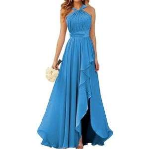Halter Prinses Bruidsmeisjes Jurken Geplooide Galajurken Ruche Chiffon Split Formele Avond Party Gown ZM212, Blauw, 32