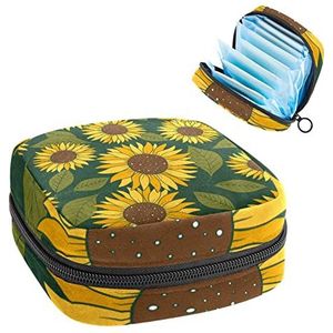 Periode Pouch, draagbare tampon opbergtas voor maandverband, gele zonnebloemen groene bladeren patroon, Meerkleurig, 4.7x6.6x6.6 in/12x17x17 cm