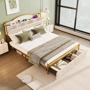 Aunvla 180 x 200 cm plat bed, ijzeren frame, ingebouwd opbergvak in het hoofdeinde, USB-stopcontact, dubbele laden aan het einde van het bed, goud