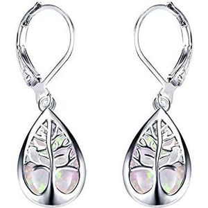 925 Sterling Zilveren Sieraden Exquisite Water Drop Blue White Fire Opal Life Tree Dangle Oorbellen Voor Vrouwen